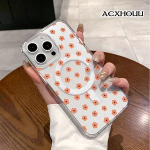 Minimal Orange Floral Dot Magnetic Trendy Case for iPhone 17 16 E Pro Max 15 Plus 14 13 12 11 XS XR, Minimalist Print | Silicone, Shockproof, Cute, Stylish, and Protective
