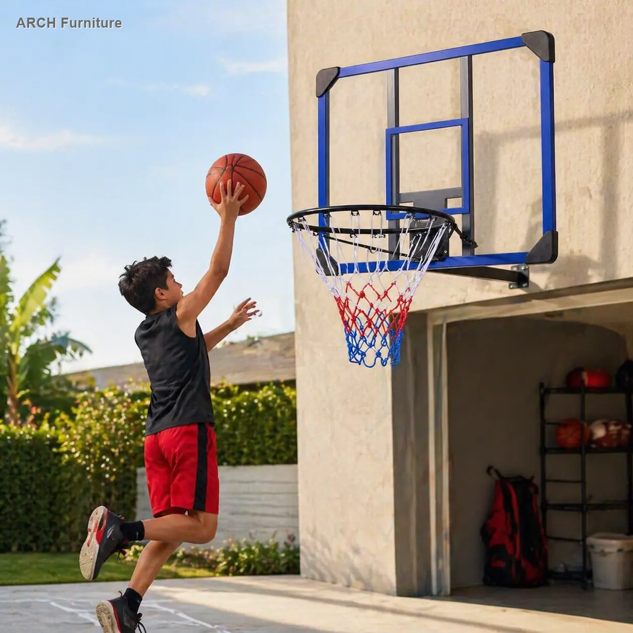 Wall-mounted basketball hoop, 35 x 24 inches shatterproof back, folding hoop, durable hoop and all-weather mesh for indoor and outdoor use