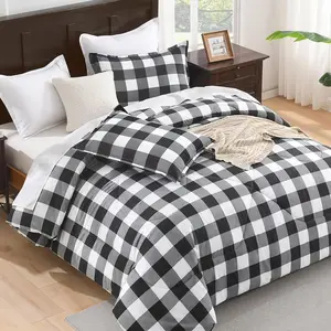 Black Plaid Comforter Set  Size (66x90 Inch), 2 count (1 Gingham Comforter and 1 Pillowcase), Summer Lightweight Microfiber Buffalo Check Down Alternative Comforter Set for  Boys