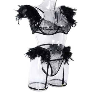 Lingerie Set for Women Sets With Garter Belt,Sexy Erotic Feather Transparent Bra and Panty Sets with Underwire 3 Piece Lace  High Waisted Push UpValentine's gift Underwear Womenswear
