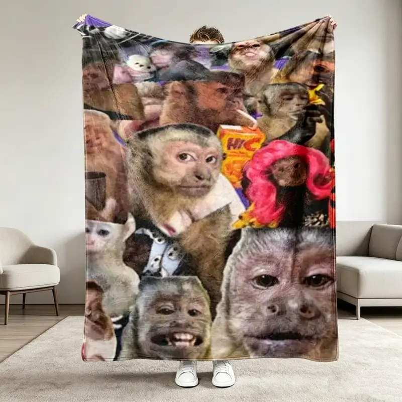 Funny Monkey Meme Face Blanket, Cute Ugly-Cute Animal Flannel Throw, Hilarious Gag Gift for Friends Teen Boys, Aesthetic Summer AC Blanket for Couch Bed, Cozy Dorm Room Essentials 2026