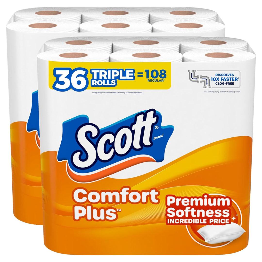 Scott ComfortPlus Toilet Paper, 36 Triple Rolls, 231 Sheets per Roll, Septic-Safe, 1-Ply Toilet Tissue