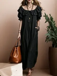 Women's Summer 2026 Ice Silk Wrinkle Ruffle Maxi Dress Casual Loose Beach Vacation Dress