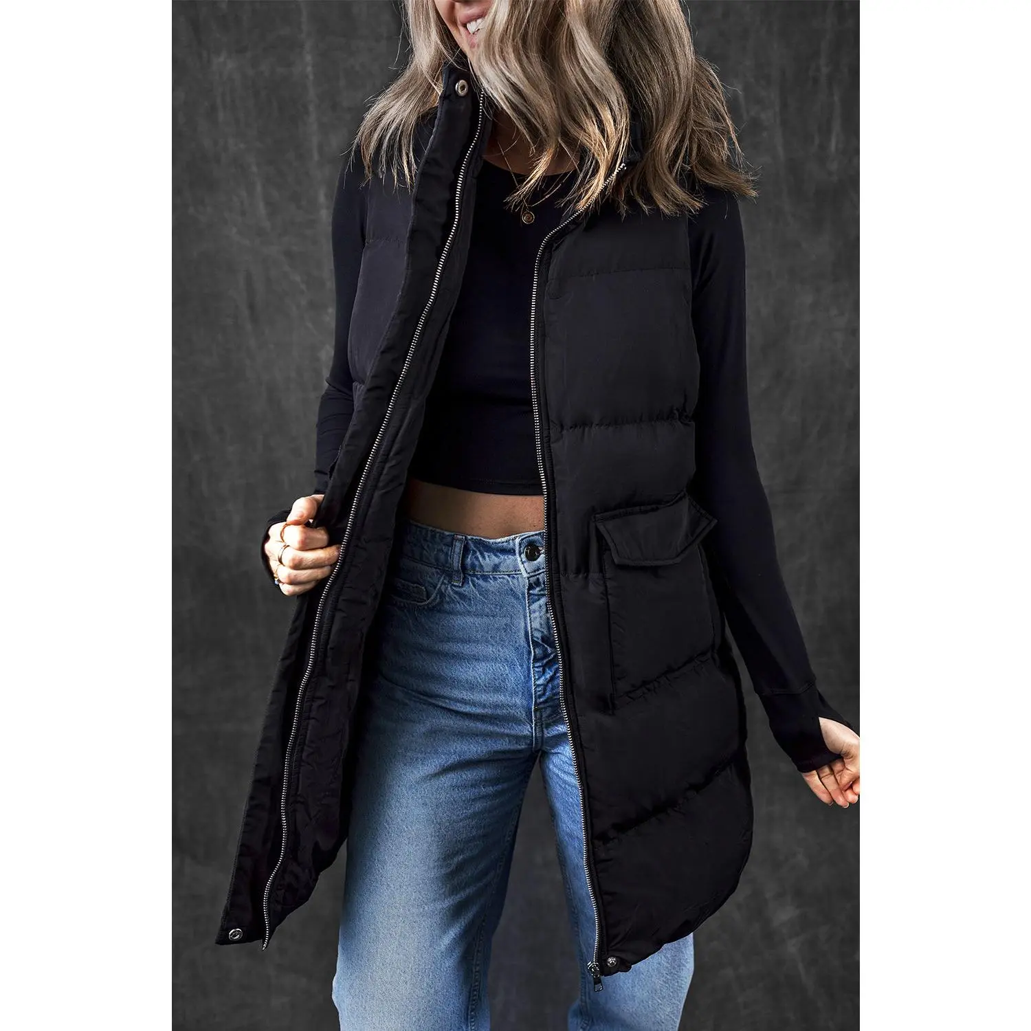 Black Windproof Longline Full Zipper Puffer Vest with Pockets