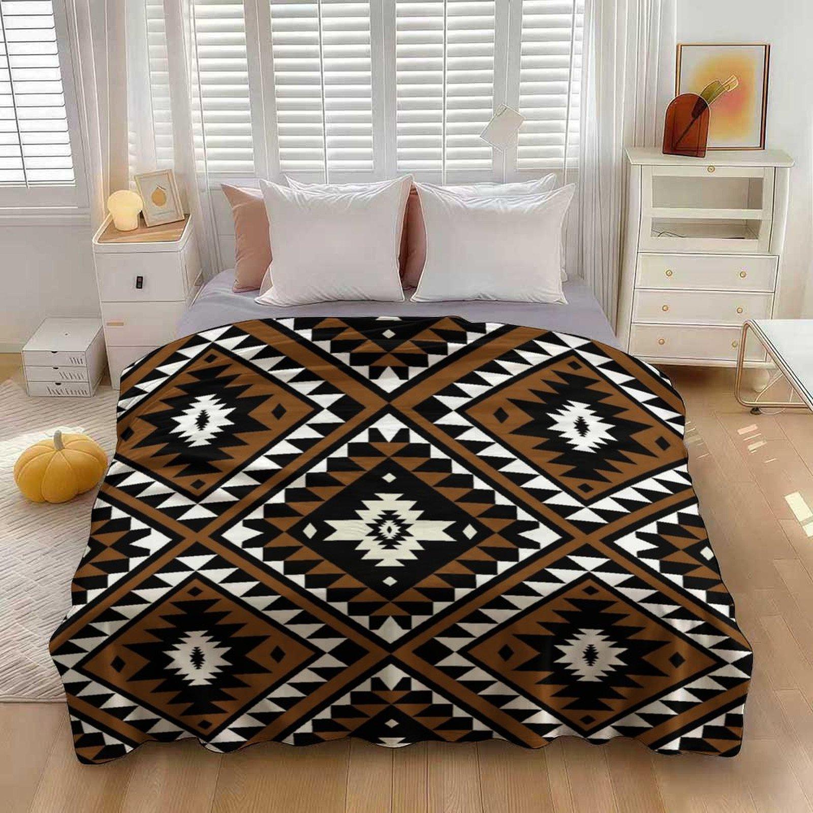 Navajo Southwestern Tribal Fleece Blanket, Aztec Geometric Print Soft Cozy Throw, Brown Black Boho Western Home Decor Gift for Couch Bed
