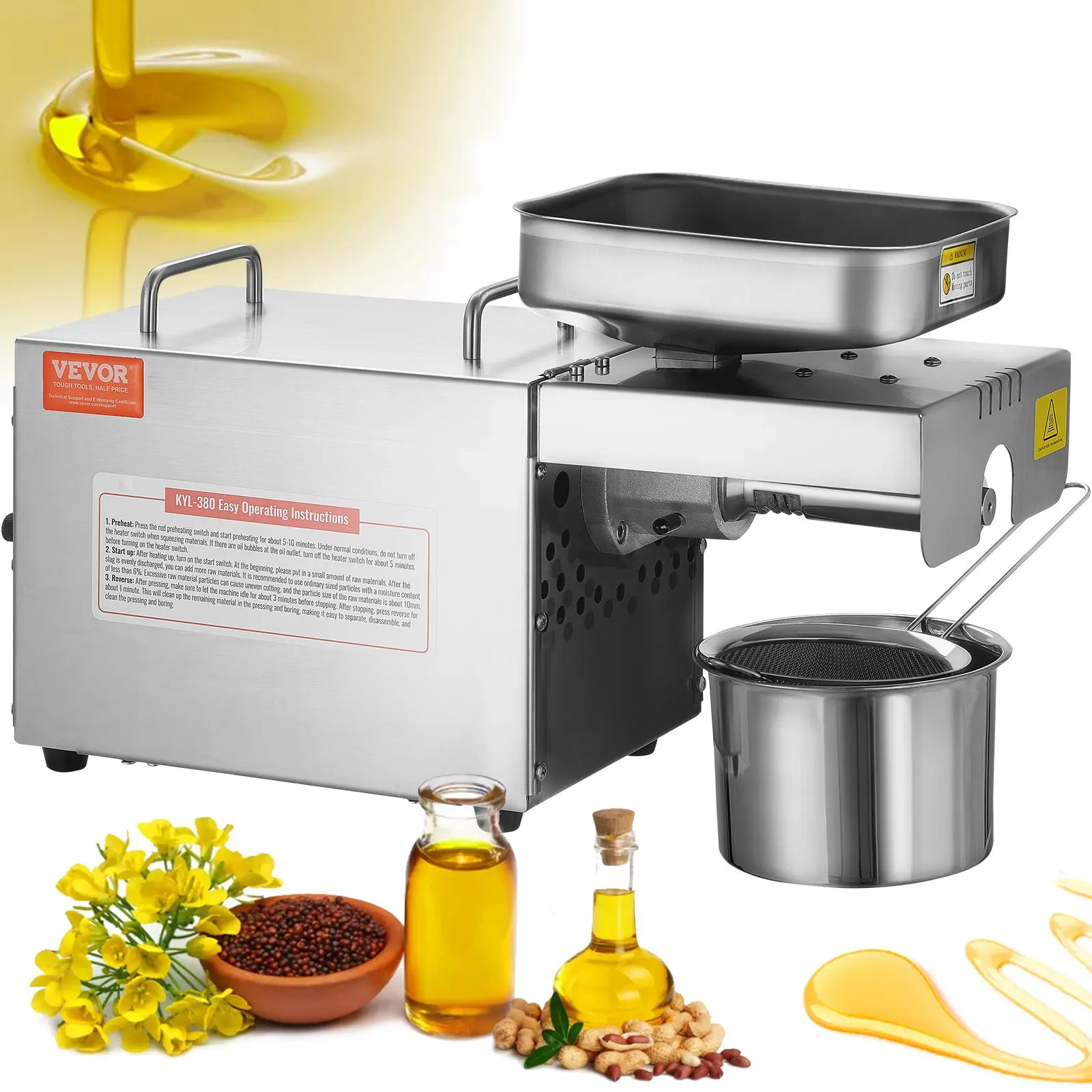 VEVOR Electric Oil Press Machine, 700W Stainless Steel Oil Extractor Machine, 140/ 284 Constant Temperature, Hot Press Oil Expeller for Pressing Peanuts, Sesame Seeds, Rapeseed, Tea Seeds