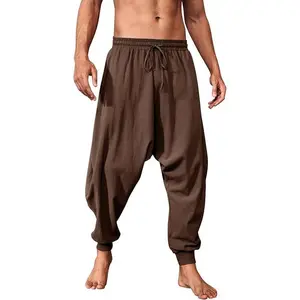 Runcati Mens Pirate Pants Medieval Viking Costume Trousers Renaissance Halloween Baggy Harem Linen Pants Cosplay Cotton  Elastic Waist Loose Fit