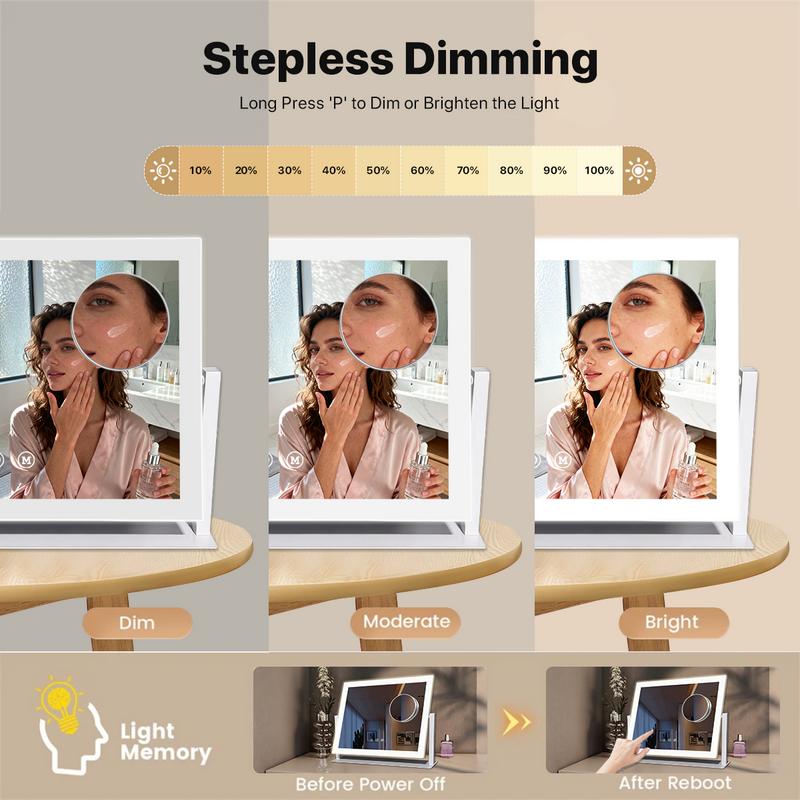 GLITGATE Vanity Mirror with Lights, LED Makeup Mirror with Dimmable 3 Color Modes, Touch Screen Control Vanity Based Mirror Desk Mirror Square White