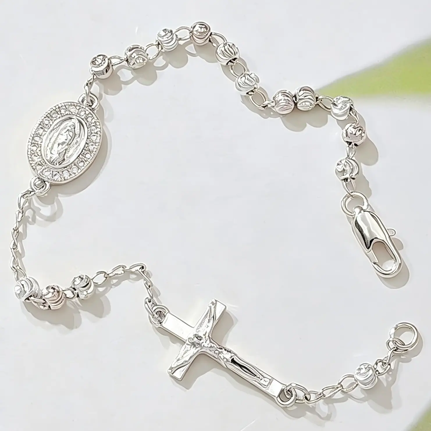 Women's Silver-Plated Rosary Bracelet, Adjustable Beaded Religious Jewelry with Virgin Mary & Cross Charm, Hypoallergenic Everyday Accessory