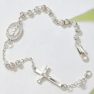 Women's Silver-Plated Rosary Bracelet, Adjustable Beaded Religious Jewelry with Virgin Mary & Cross Charm, Hypoallergenic Everyday Accessory