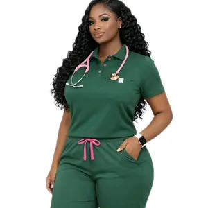 Heart Align Scrubs Polo Set -  Green & Purple Scrub Pant & Polo Top with Zipper Pocket & Badge Holder for Nurses & Healthcare Professionals - Womenswear, Fabric