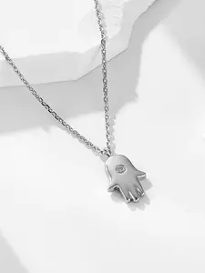 925 Sterling Silver Hamsa Hand Design Pendant Necklace, Rhinestone Decor Fashion Jewelry for Party, Daily Decor, Trendy All-match & Exquisite Jewelry for Birthday Gift