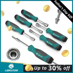 【Fathersdaygift】LIBRATON Full-Hollow Nut Driver Set SAE, 12-Point Magnetic Nut Drivers, Hollow Shaft for Long Bolts, 6PCS Heavy Duty Magnetic Nut Drivers with Through-Handle, 1/4, 5/16, 11/32, 3/8, 7/16, 1/2Inch
