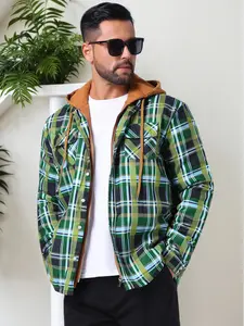 INSPIRE CHIC Men's Quilted Jacket Drawstring Hooded Zipper Padded Plaid Shacket