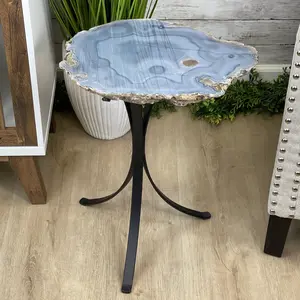 Natural Brazilian Agate Side Table on a black metal base, 22.25" tall #1305-0147