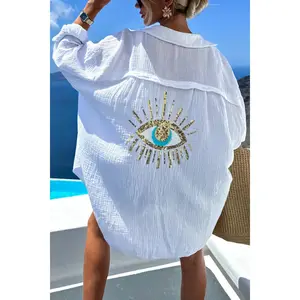Summer Breeze Evyl Eye Beach Cover Up - Lightweight Soft Gauze Cotton Oversized Long Sleeve Sequin Embellished Shirt for Women