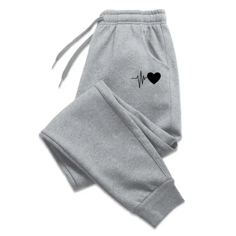 Versatile Women's Soft Joggers Fitness Sweatpants Comfortable Trousers Fashion Baggy Pants 2025New Casual Gray Heartbeat Design