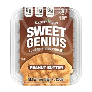 Nature's Eats Sweet Genius Almond Flour Cookies Peanut Butter 6 Count Pack Gluten Free 0g Sugar 1g Net Carbs 3g Protein