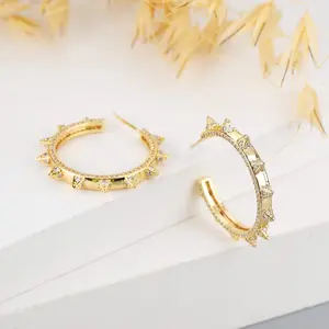 Gold Plated Trendy Micro Pave Spiked Hoop Earring