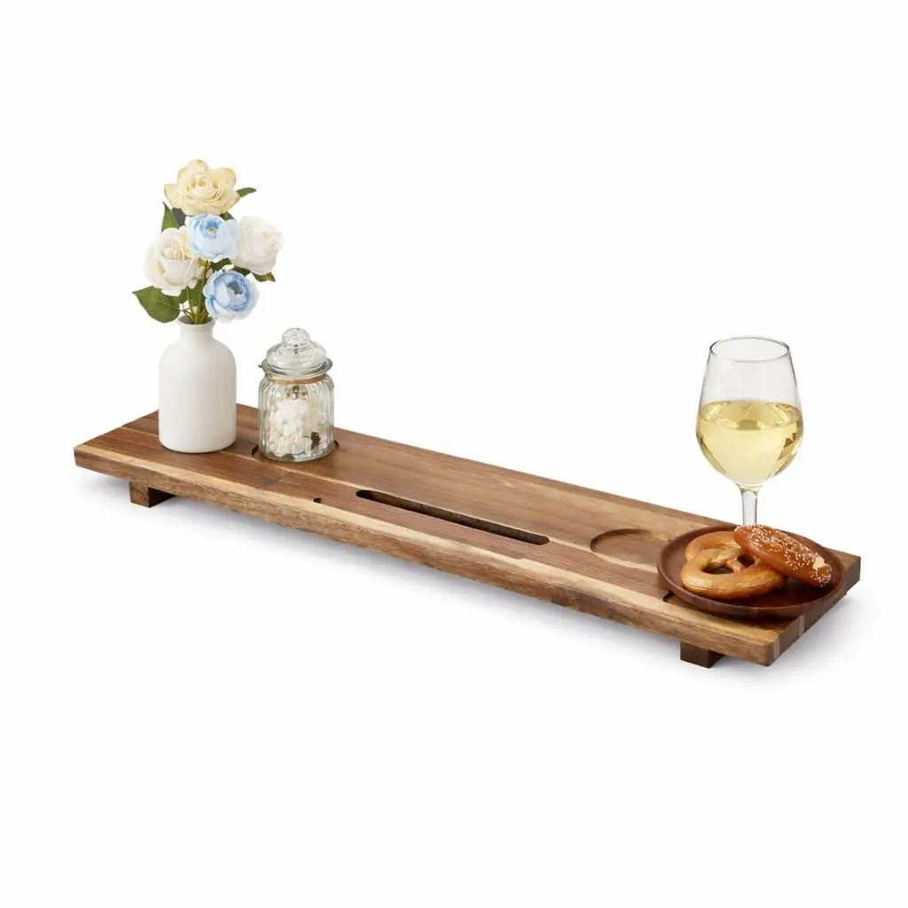 GAOMON Expandable Bathtub Tray 35 inch, Solid Acacia Wood Bath Caddy, Adjustable Bath Tray with Phone Slot, Wine Glass Holder & Candle Holders, Non-Slip Wooden Bathtub Shelf