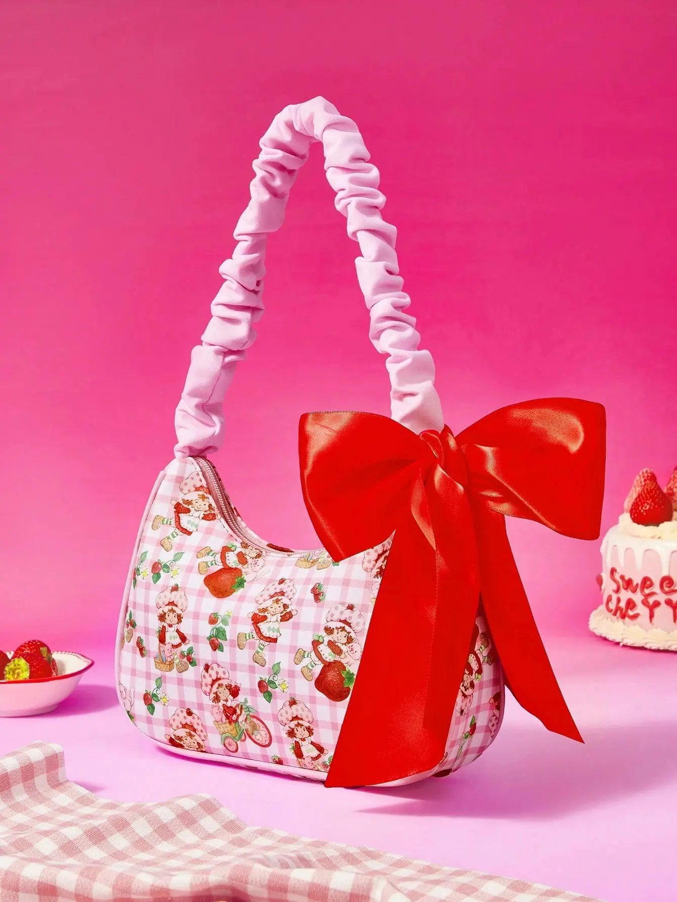 Strawberry Shortcake Print Underarm Bag With Ruffled Strap & Bow Decor, Cute Plaid Shoulder Handbag For Daily Carry