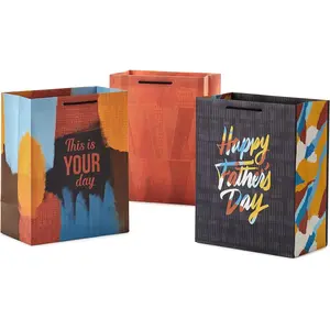 Hallmark Mahogany 11" Large Father'S Day Gift Bag Bundle (3 Bags: Happy Father'S Day, Patterned Triangles, This Is Your Day) Dark Gray, Yellow, Blue, Orange