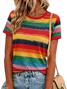 Women's Summer New Fashion Round Neck Colorful Striped Print Short Sleeve T-Shirt, Casual Commute Outdoor Wear, Knitted Top, Streetwear, Womenswear, Fit