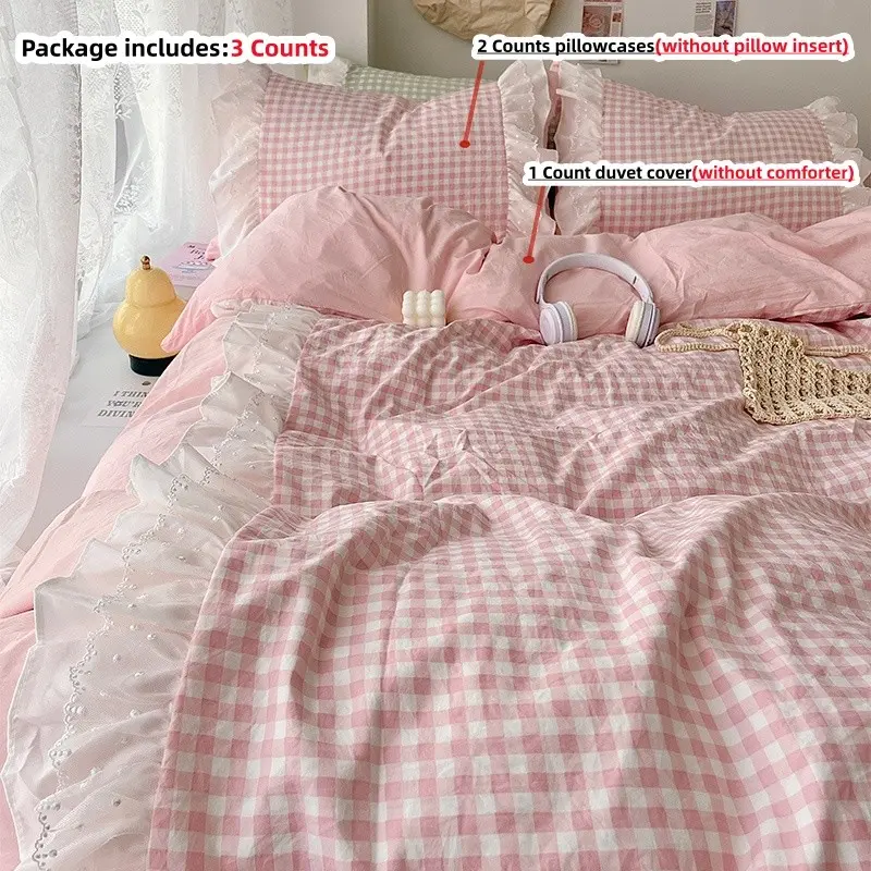 3pcs pink and blue plaid lace Soft bedding set, Decorative Bedding Set ,1Pc Duvet cover+2Pcs Pillowcases(without comforter and pillow insert), 100g Polyester, Single Twin Double Queen Size, All Seasons Use