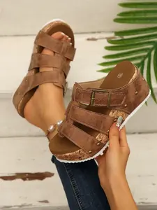 Women's Three-Strap Buckle Thick Sole Slippers, Open-Toe Sandals, Comfy Footwear Sandals, Casual Spring Summer Commuter Shoes, PU Leather Rubber Sole