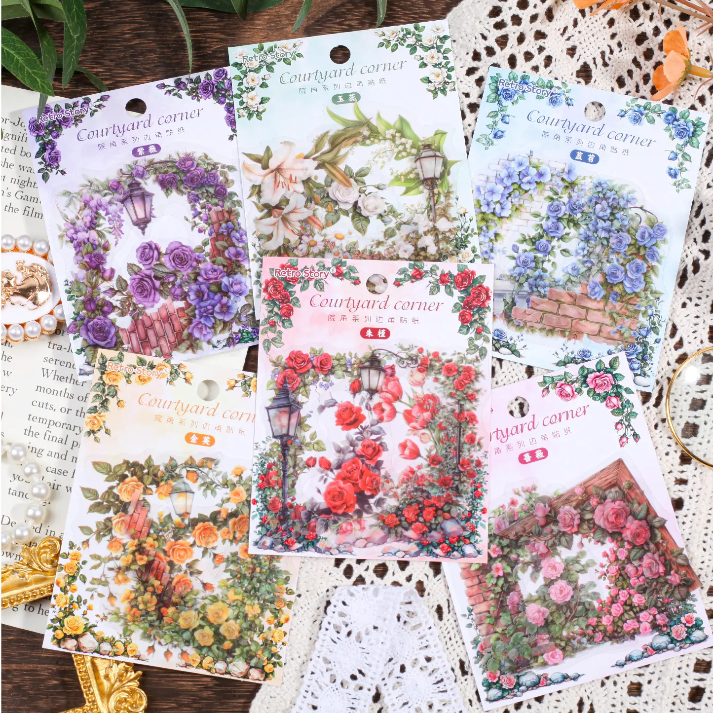 Vintage Floral Corner PET Stickers, Transparent Rose Flower Border Die Cut Stickers for Journal Scrapbooking Planner DIY