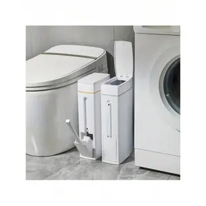 Slim Space Saving Bathroom Trash Can Waste Bin with Lid and Toilet Brush Holder Cleaning Perfect for Narrow Bathrooms Ideal Storage Solution