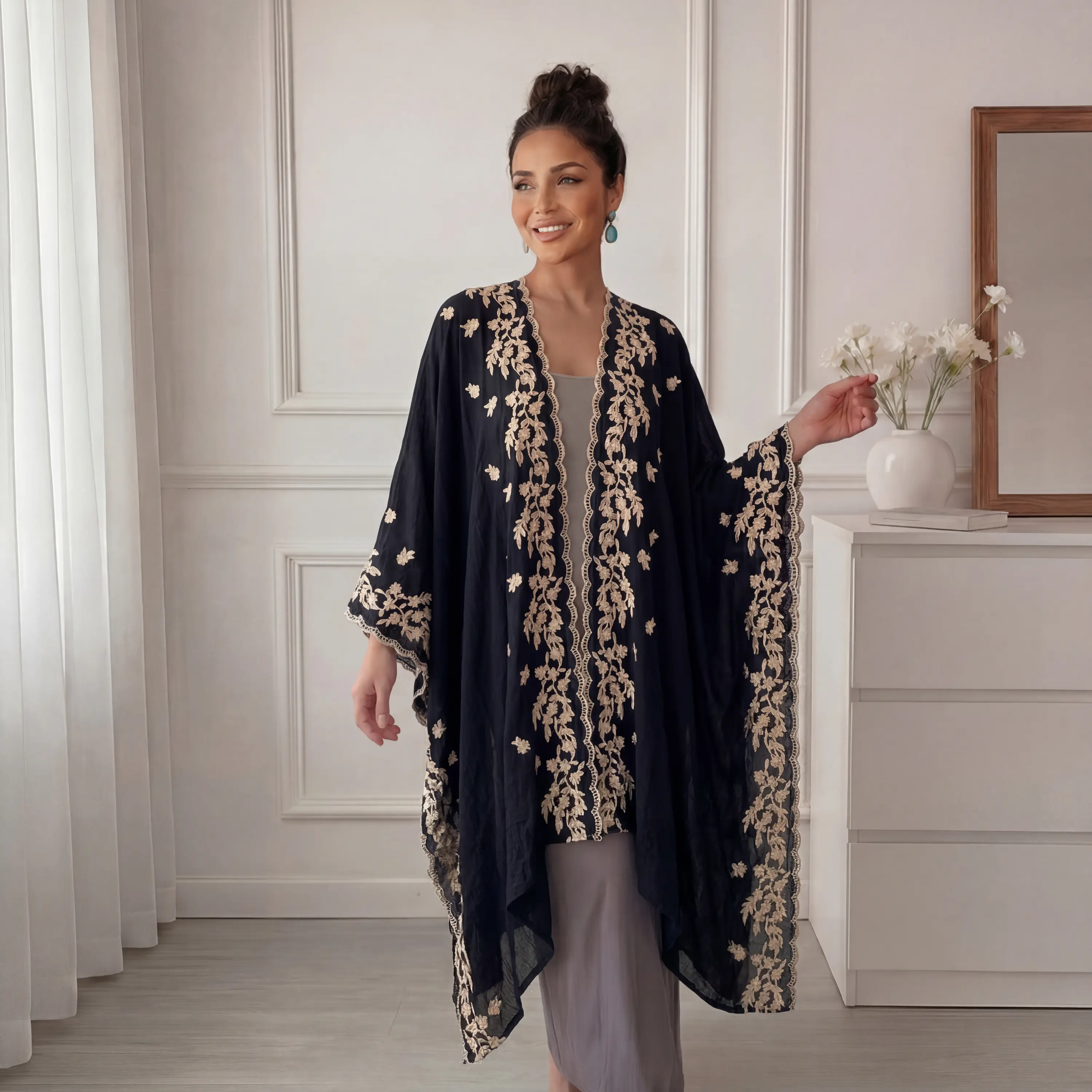 Women's Bohemian Kimono Cardigan with Floral Embroidery, Chic Lightweight Crinkle Fabric Beach Cover Up with Scalloped Lace Trim and Oversized Batwing Sleeves for Summer Vacation, Lady, Elegance, Piece, Style, Clothes, Wrap Cover Shawls, Polyester, Female