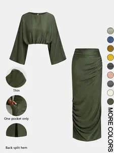 Effortless Casual Two-Piece Set | Batwing Sleeve Top & Mid-Rise Draped Maxi Skirt for Women, Non-Linen Non-Stretch Fabric with Single Pocket, Summer Vacation Boho Outfit & Everyday Wear
