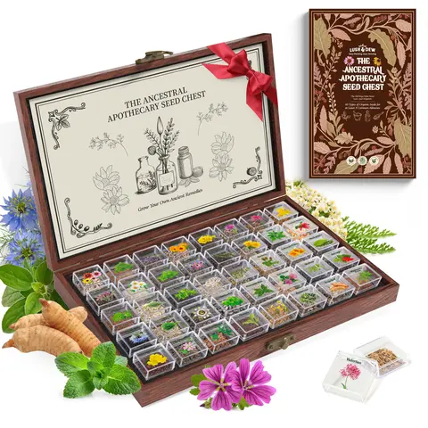 LUSH&DEW Ancestral Apothecary Seed Chest - 40 Varieties of Non-GMO Medicinal Herb Seeds in Elegant Wooden Display Box for Gardening Enthusiasts