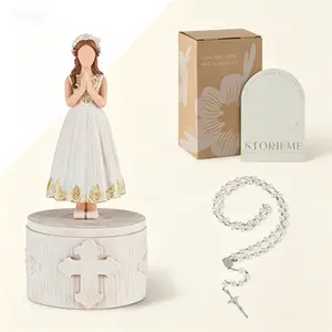 Keepsake Box for Girls First Communion: Holy Decorations with Rosary Cross Bracelet - Christian Religious Catholic Present for Baptism Confirmation, Reusable Keepsake