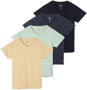 Real Essentials 4 Pack: Women's Classic-Fit Cotton Short-Sleeve V-Neck T-Shirt (Available in Plus Size)