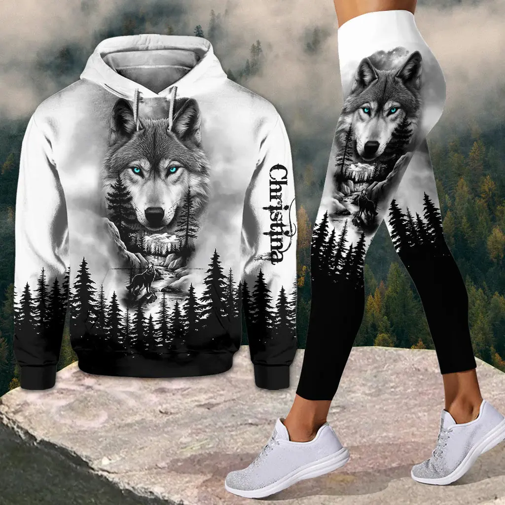 Wolf and Forest Personalized Hoodie and Leggings Set – Custom Wolf-Themed Matching Outfit for Women – Cozy Outdoor Loungewear Set
