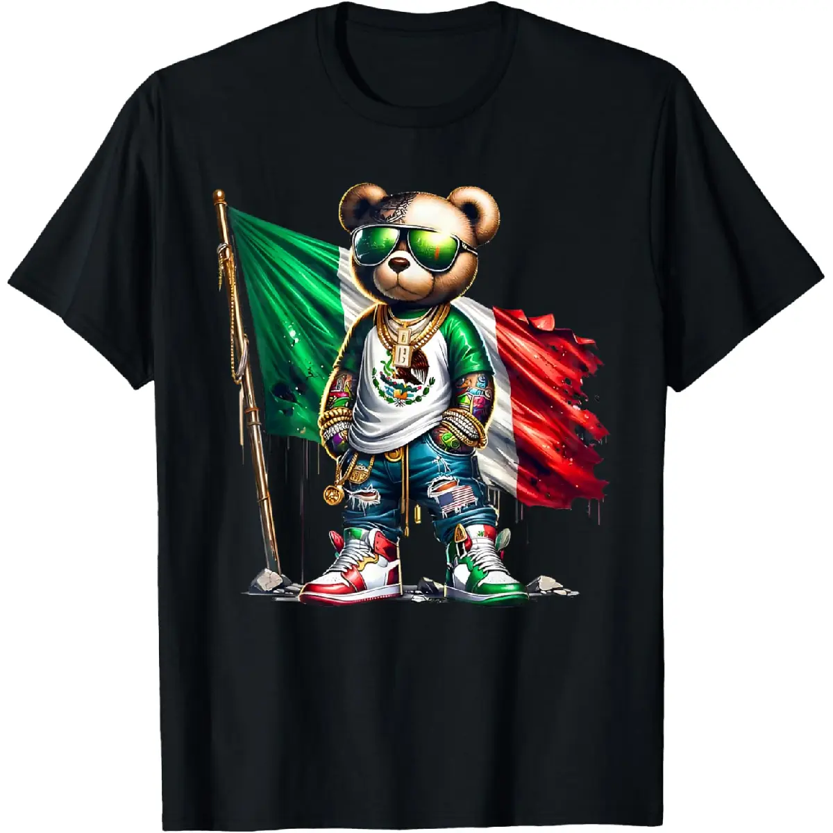 # TikTokShopRestock Boys' Plus Size 100% Cotton Short-Sleeve Casual Tops, Stylish Teddy Bear Mexican Flag Graphic T-Shirt, Shortsleeve, Crew Neck