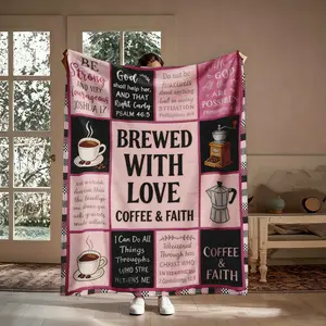 Brewed With Love Coffee & Faith Christian Pattern Blanket, 1 Count Soft Warm Flannel Throw Blanket, Cozy Nap Blanket for Home Office Travel