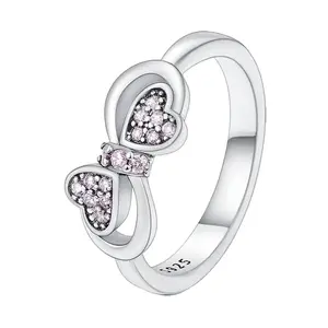 Sparkling Pink CZ Bow Ring 925 Sterling Silver Ribbon Knot Rings for Women Coquette Aesthetic Trendy Jewelry Gift
