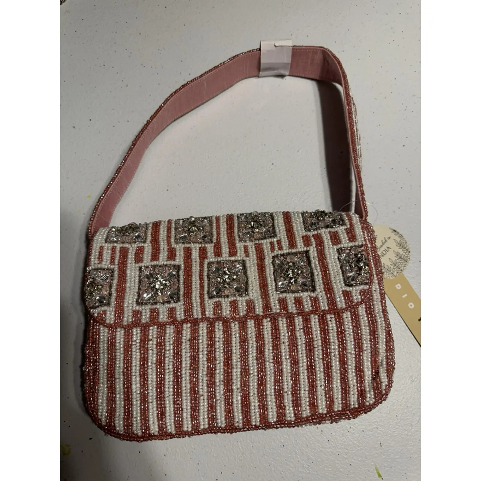 Elegant Beaded Handbag with Striped Design and Rhinestone Accents for Women's Fashion