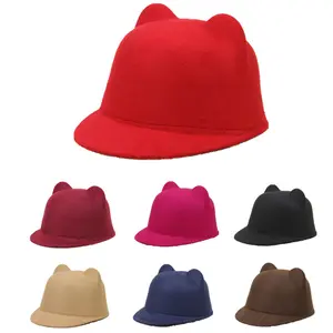 Plain Wool Felt Fedora Hat with Cute Cat Ears for Kids and Adult Casual Parent-child Equestrian Cap Trilby Bowler Caps