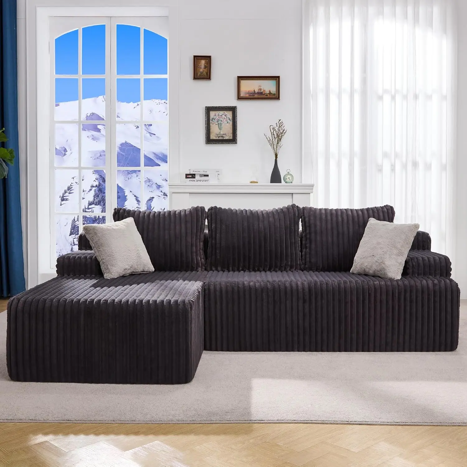 Boneless Couch Modular Sectional Sofa L-Shape Lounge Cloud Couch | Memory Foam,Washable Cover,No Assembly,Non-slip Base,Small Sectional Couch for Living Room | 96" Left Facing Chaise Dark Grey