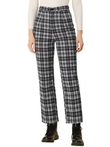 INSPIRE CHIC Plaid Cropped Trousers Button Casual Tartan Check Work Pants Black