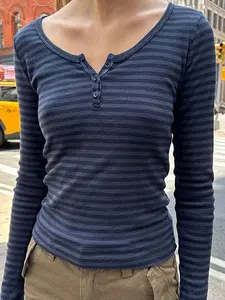 Women's Fashion Striped Long Sleeve Button Round Neck Fall & Winter Casual Slim Fit Blue Gothic Simple T-Shirt