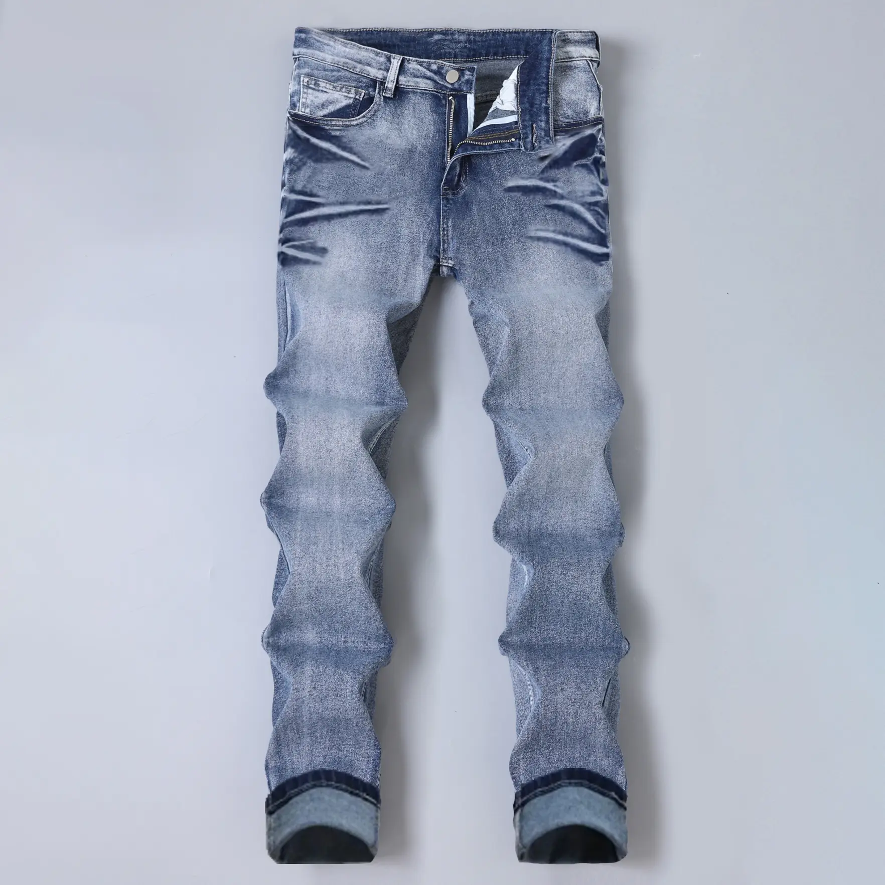 Men's slightly stretchy vintage washed distressed jeans with 3D pleats and a color-block design, slim-leg long pants in light blue, trendy casual style.