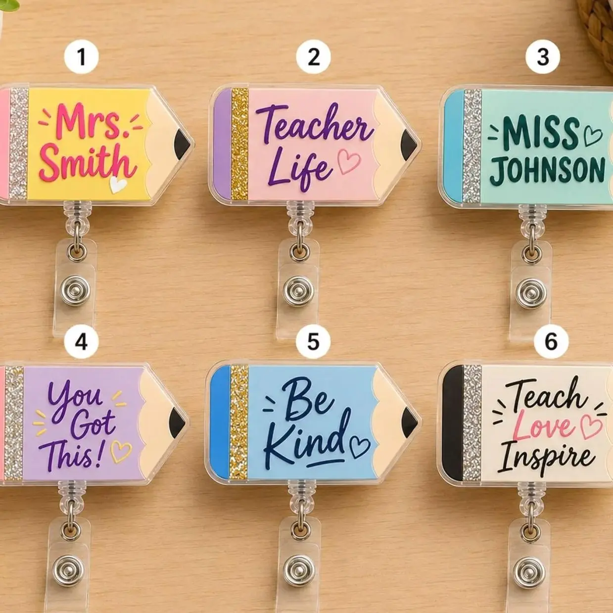 Buy 5 Get 1 Free Personalized Teacher Badge Reel, Custom Name Pencil Badge Holder