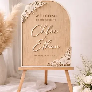 Elegant Floral Wedding Party Welcome Sign in Wood with Customizable Text for Bridal Decor Ideas