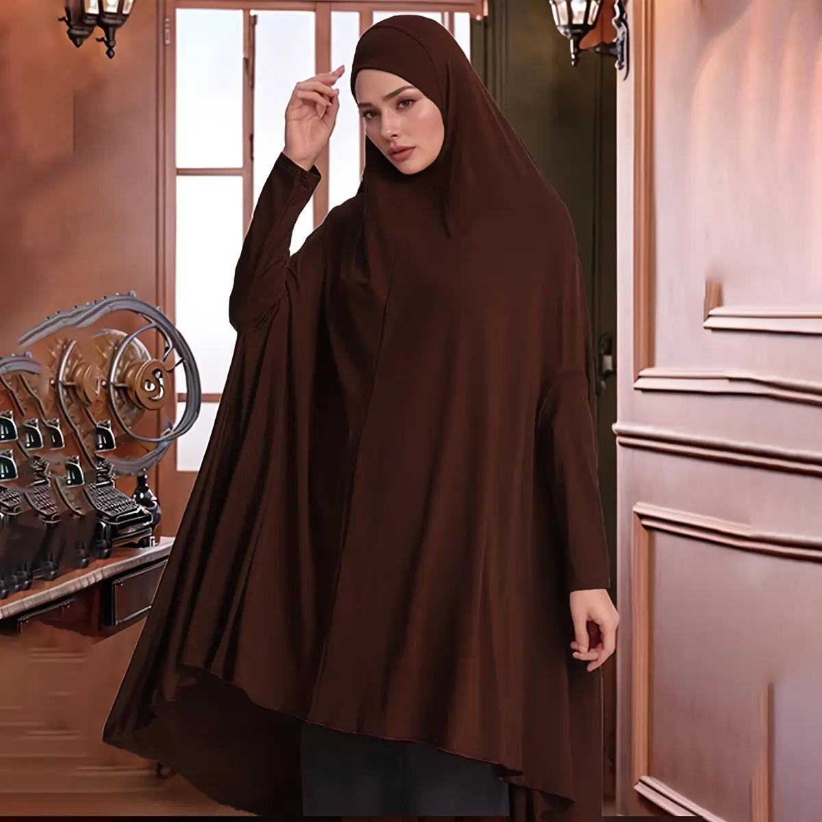 Breathable Fabric Elegant Muslim Headscarf Khimar with Sleeves, Sophisticated Print Nonelastic Fabric for Outdoor & Daily Wear, Machine Washable Versatile Shawl for Women, Hijab Scarf, Wear, Breathable Shawls, Elegant Shawls