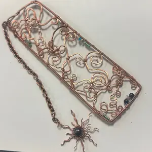 Copper Bookmark with intricate scrollwork and chain featuring Crystal Charm